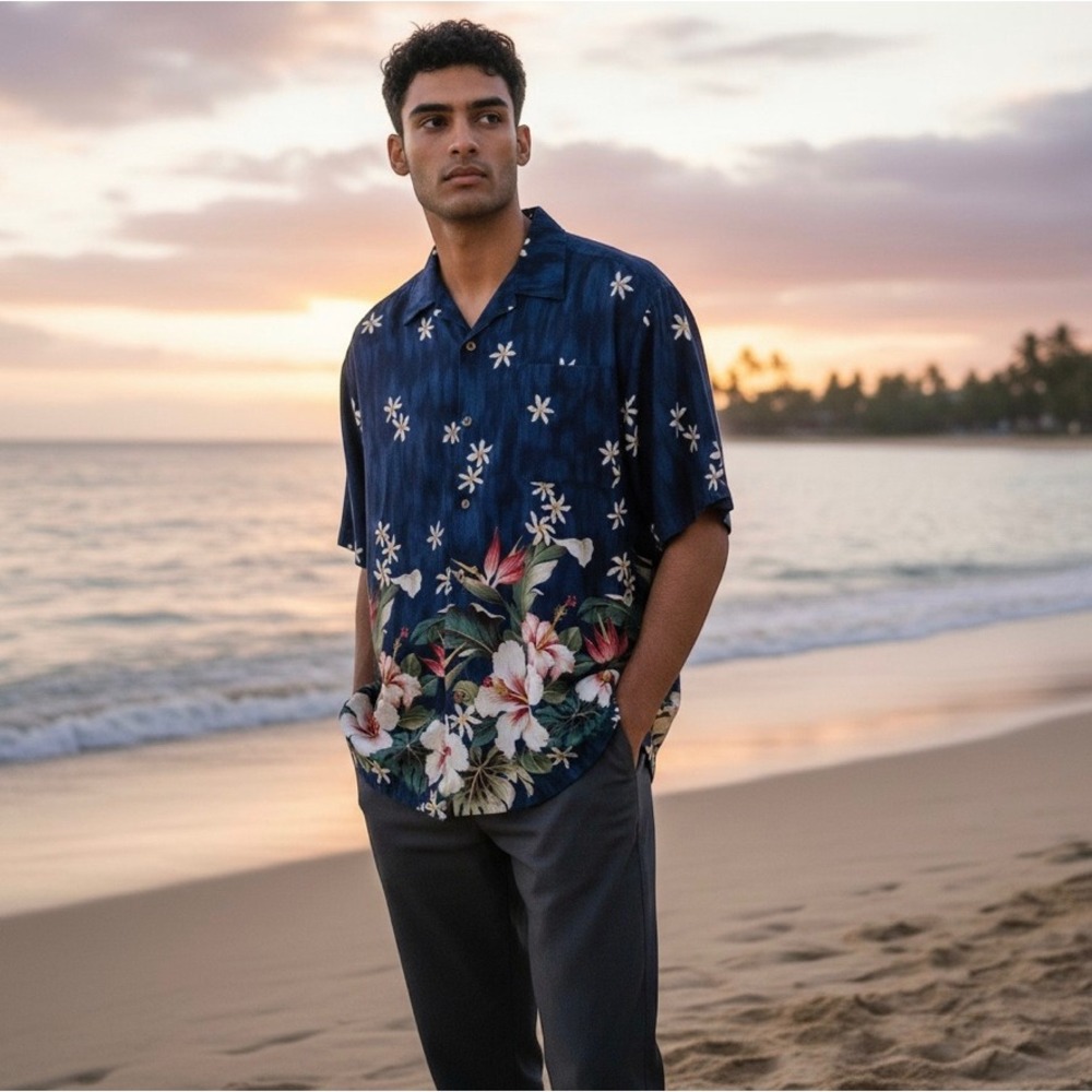 Lolani Mens XL Hawaiian Shirt Loop Collar Hibiscus Bird of Paradise Resortwear